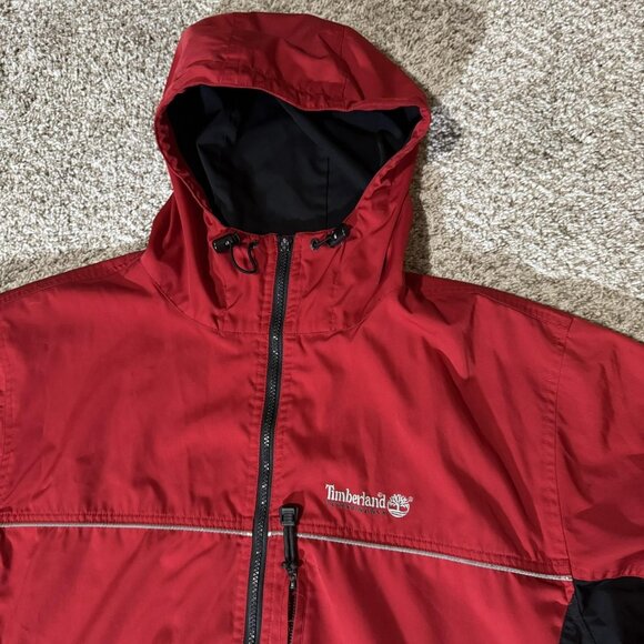 Timberland Jacket Mens Large Red Black Hooded Full Zip Performance Windbreaker - Picture 2 of 11